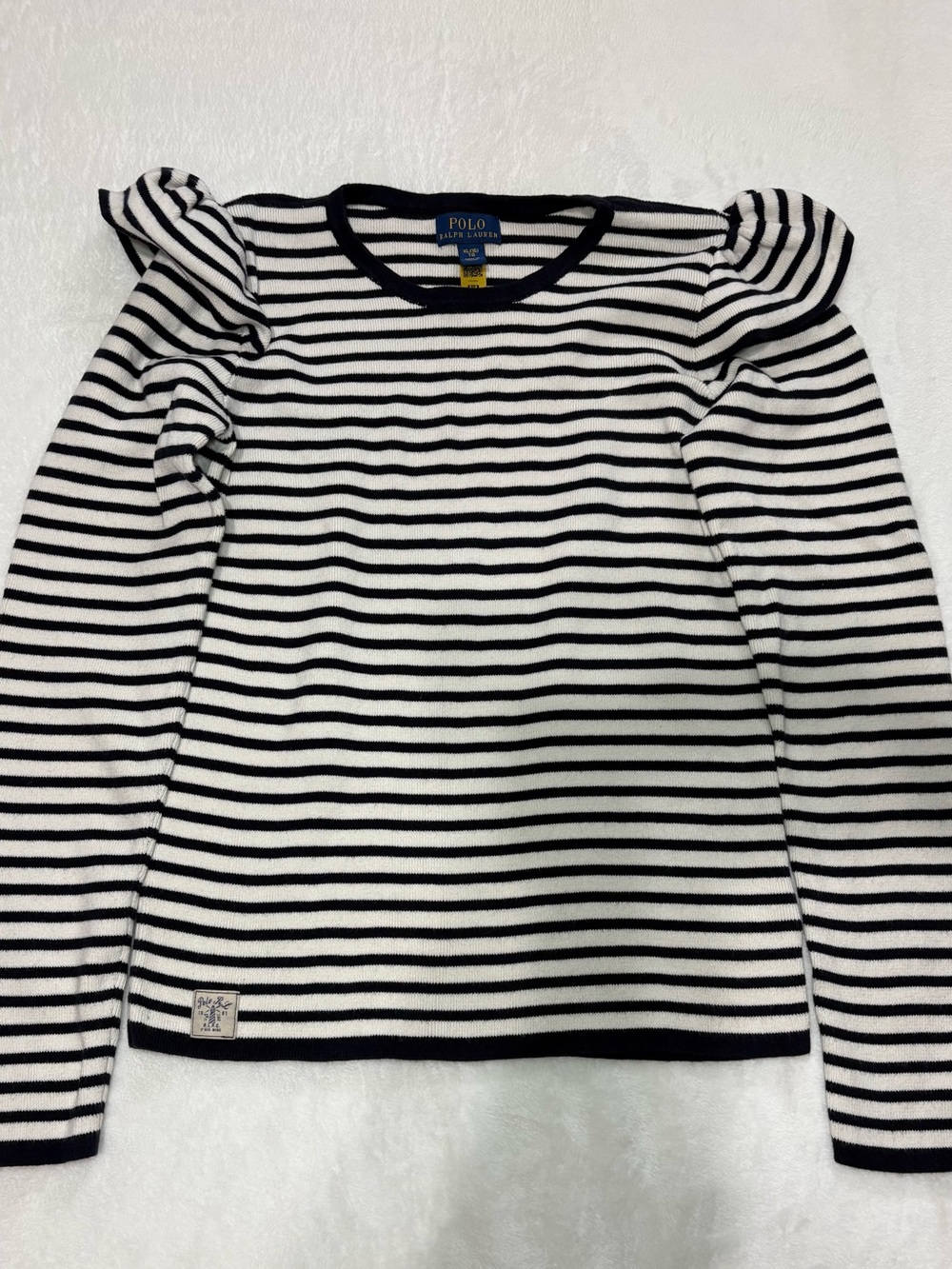 Polo by Ralph Lauren Black & White Striped Puff-Sleeve Long Sleeve Tee